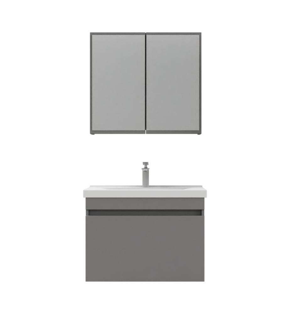 Ensemble meuble de salle de bain avec lavabo et miroir 2 pièces gris mat panneau de particules 100 % recouvert de PVC