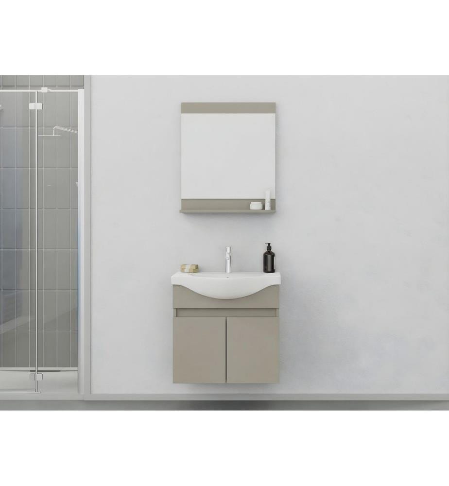 Ensemble meuble de salle de bain avec lavabo et miroir 2 pièces couleur latte panneau de particules 100 % recouvert de PVC