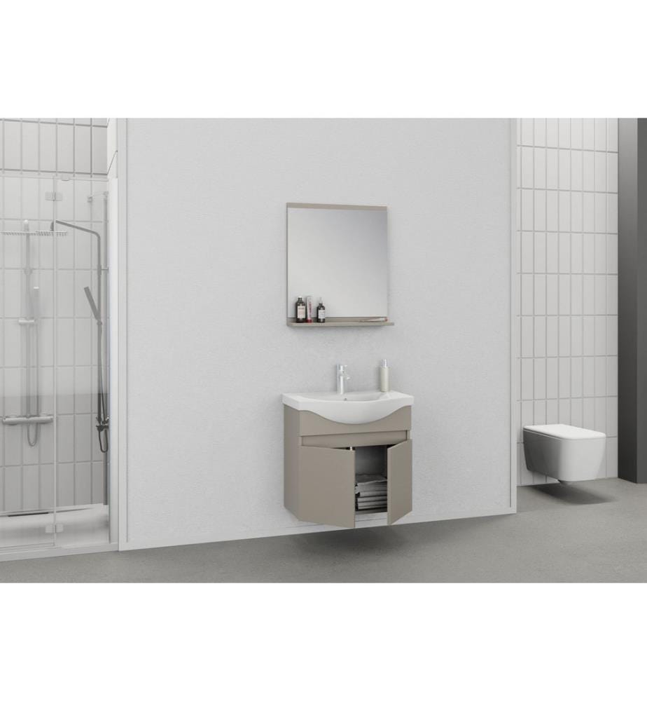 Ensemble meuble de salle de bain avec lavabo et miroir 2 pièces couleur latte panneau de particules 100 % recouvert de PVC