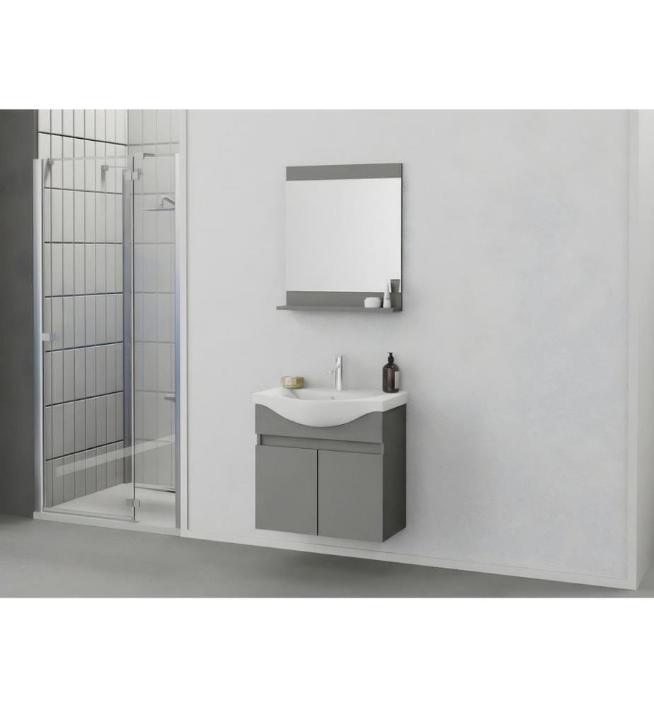 Ensemble meuble de salle de bain avec lavabo et miroir 2 pièces gris mat panneau de particules 100 % recouvert de PVC