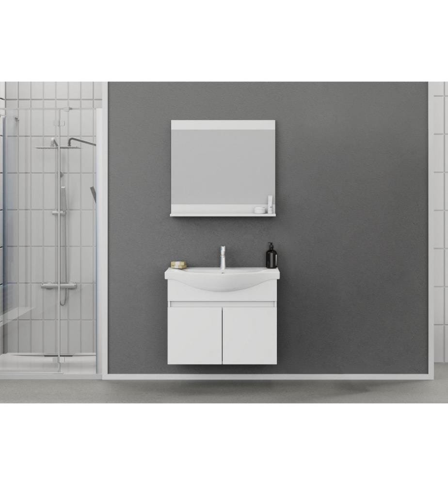 Badezimmerschrank mit Waschbecken und Spiegel 2-teilig mattweiss 100 % PVC-beschichtete Spanplatte