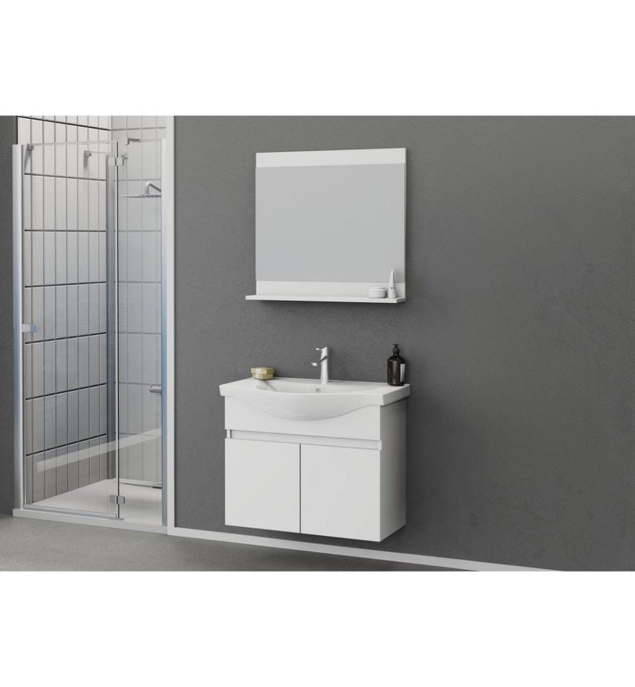 Badezimmerschrank mit Waschbecken und Spiegel 2-teilig mattweiss 100 % PVC-beschichtete Spanplatte
