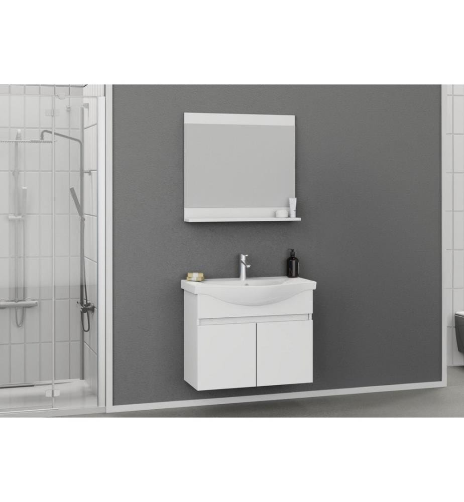 Badezimmerschrank mit Waschbecken und Spiegel 2-teilig mattweiss 100 % PVC-beschichtete Spanplatte