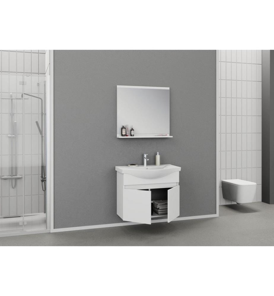 Badezimmerschrank mit Waschbecken und Spiegel 2-teilig mattweiss 100 % PVC-beschichtete Spanplatte