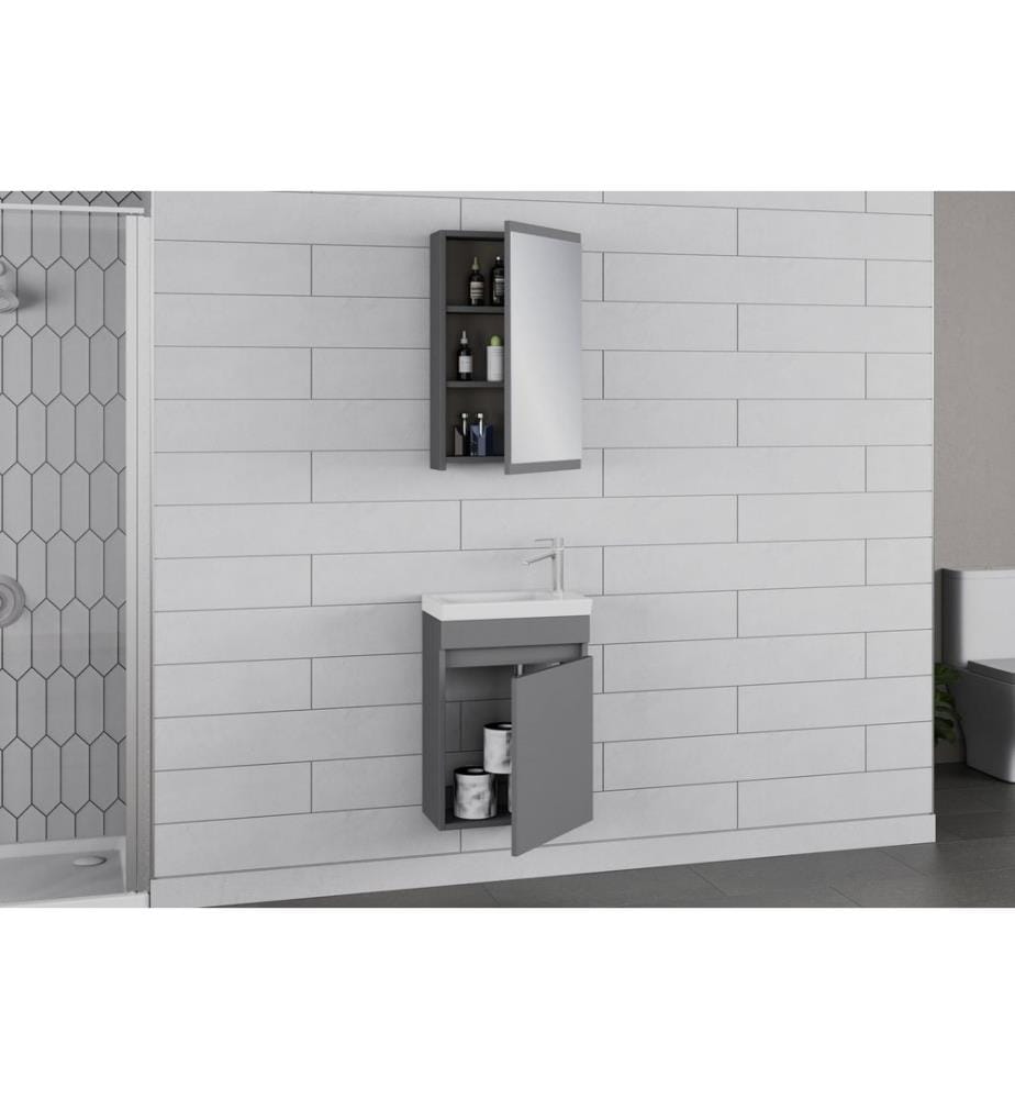 Ensemble meuble de salle de bain avec lavabo et miroir 2 pièces gris mat panneau de particules 100 % recouvert de PVC
