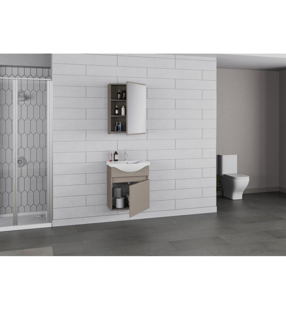 Ensemble meuble de salle de bain avec lavabo et miroir 2 pièces couleur latte panneau de particules 100 % recouvert de PVC