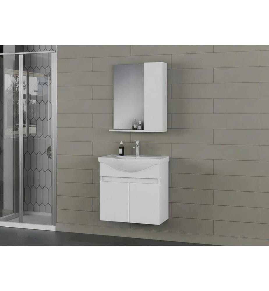 Ensemble meuble de salle de bain avec lavabo et miroir 2 pièces blanc mat panneau de particules 100 % recouvert de PVC