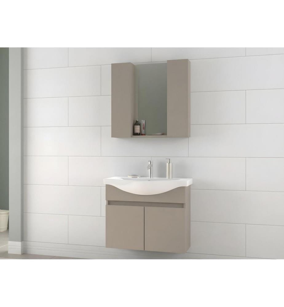 Ensemble meuble de salle de bain avec lavabo et miroir 2 pièces couleur latte panneau de particules 100 % recouvert de PVC
