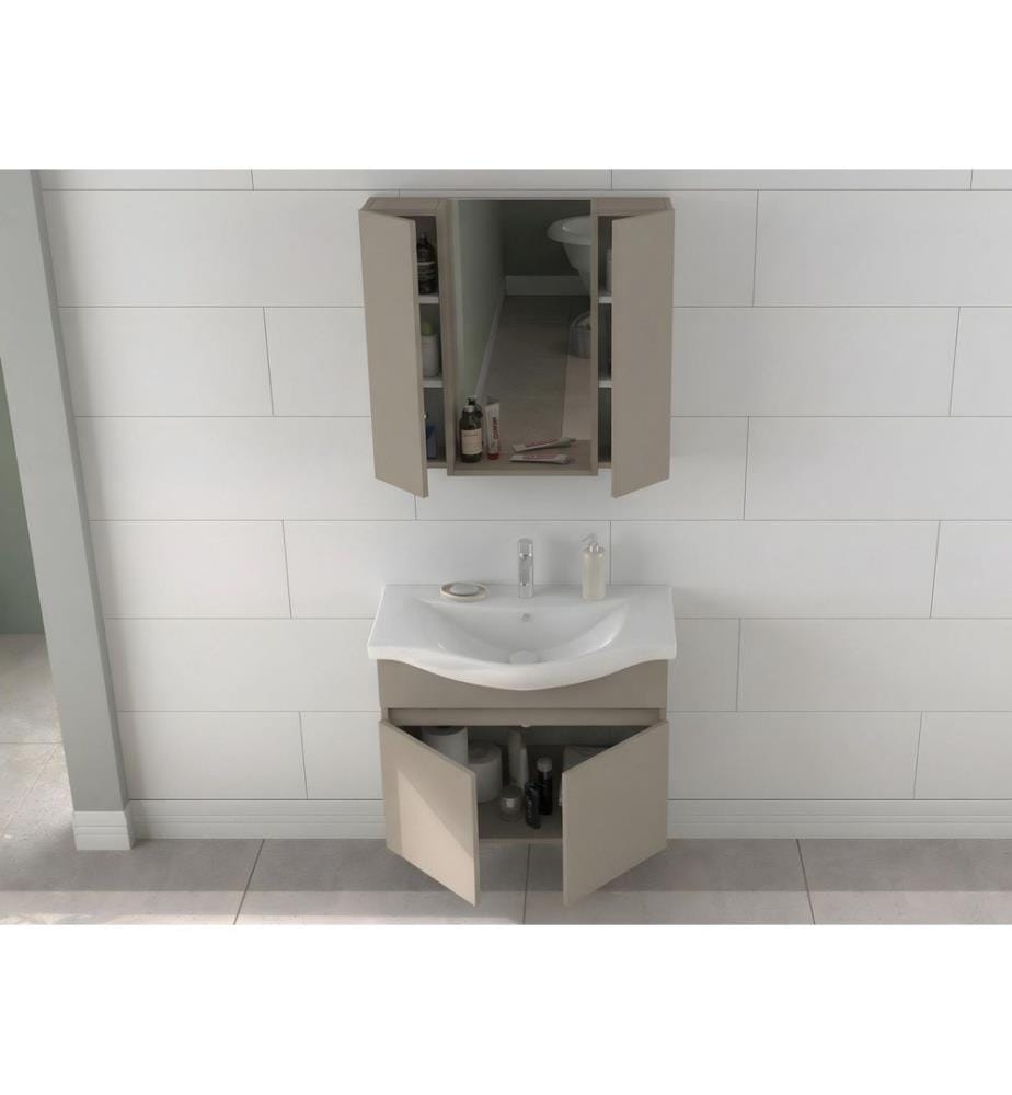 Ensemble meuble de salle de bain avec lavabo et miroir 2 pièces couleur latte panneau de particules 100 % recouvert de PVC