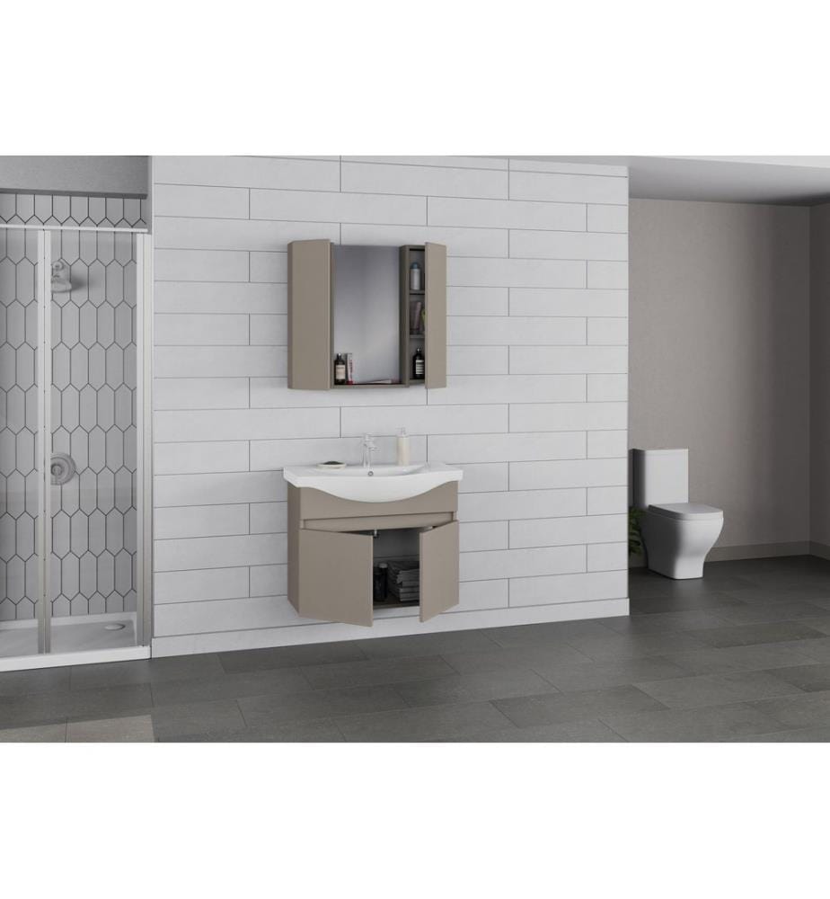 Ensemble meuble de salle de bain avec lavabo et miroir 2 pièces couleur latte panneau de particules 100 % recouvert de PVC