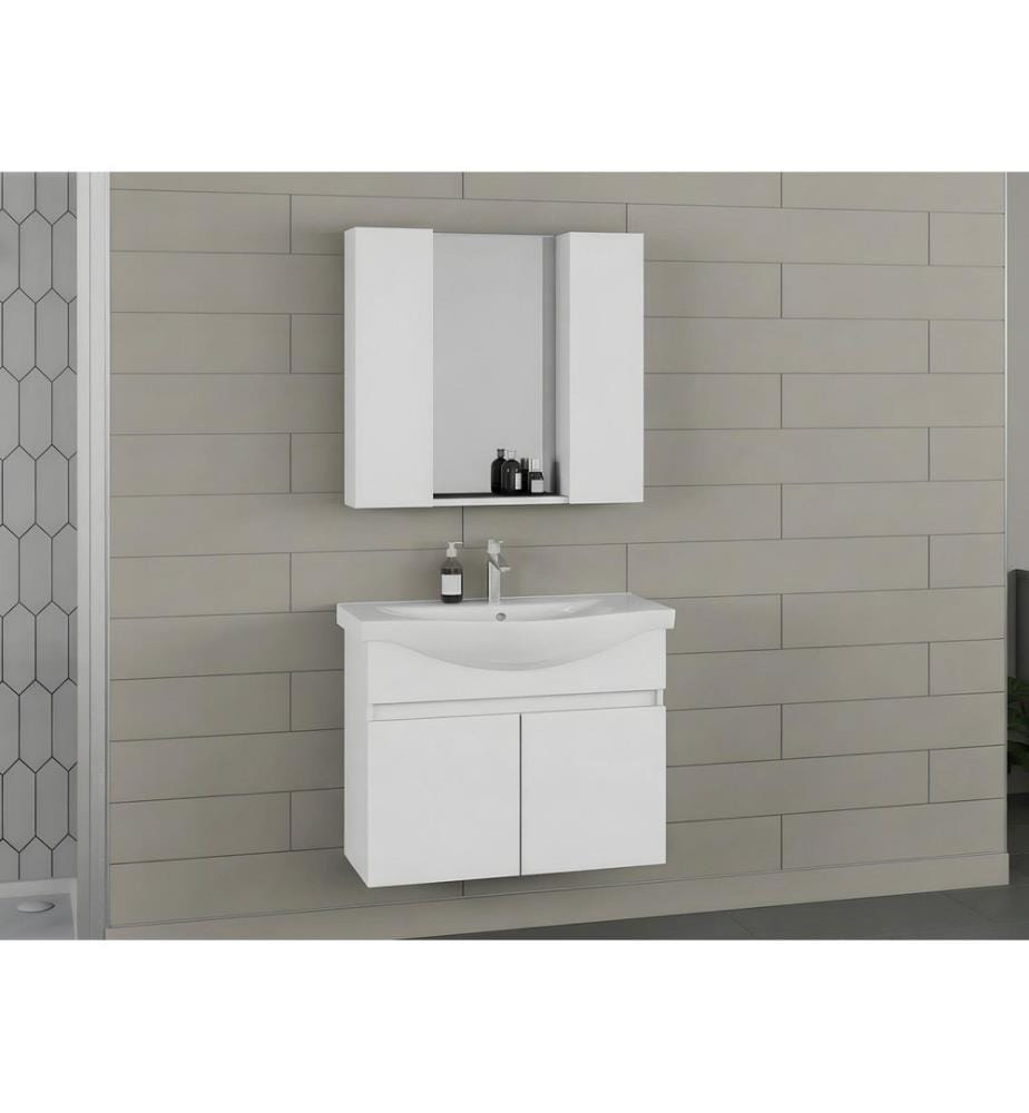 Ensemble meuble de salle de bain avec lavabo et miroir 2 pièces blanc mat panneau de particules 100 % recouvert de PVC