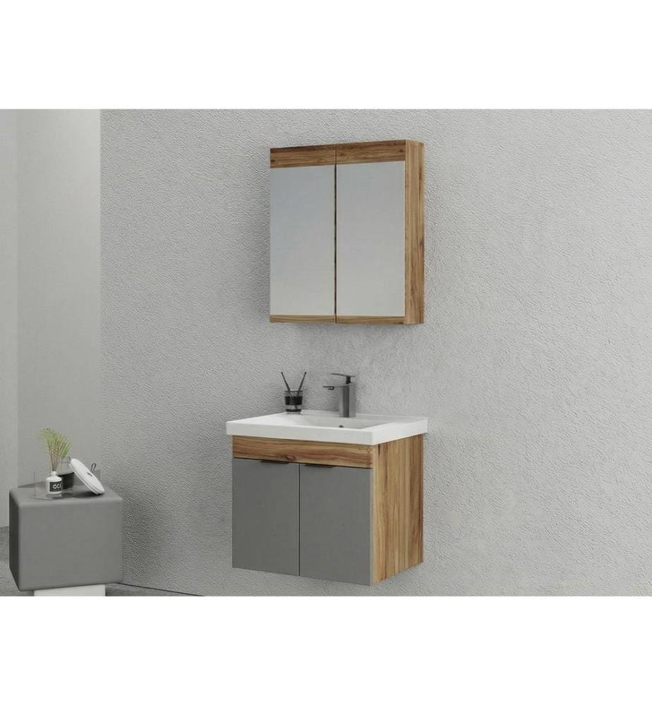 Badezimmerschrank mit Waschbecken und Spiegel 2-teilig Kiefernholz Mattgrau 100 % PVC-beschichtete Spanplatte