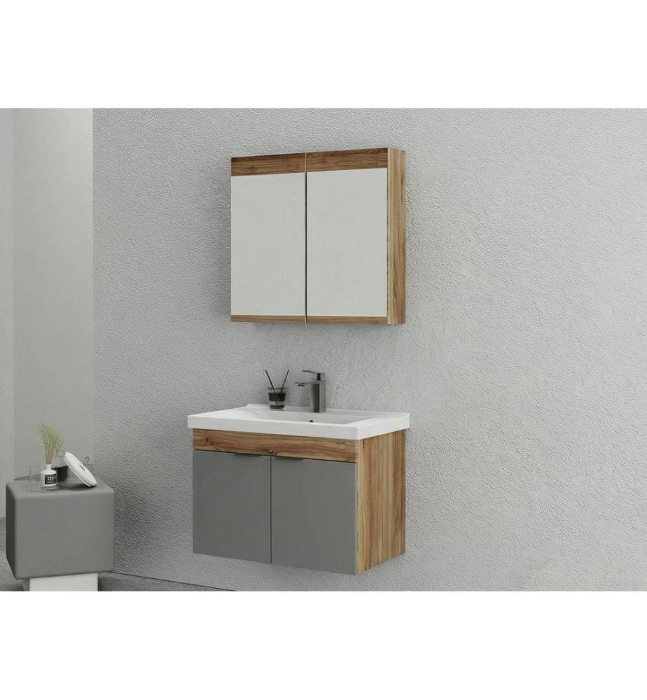 Ensemble meuble de salle de bain avec lavabo et miroir 2 pièces pin gris mat panneau de particules 100 % recouvert de PVC