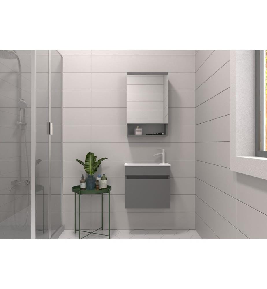 Ensemble meuble de salle de bain avec lavabo et miroir 2 pièces gris mat panneau de particules 100 % recouvert de PVC