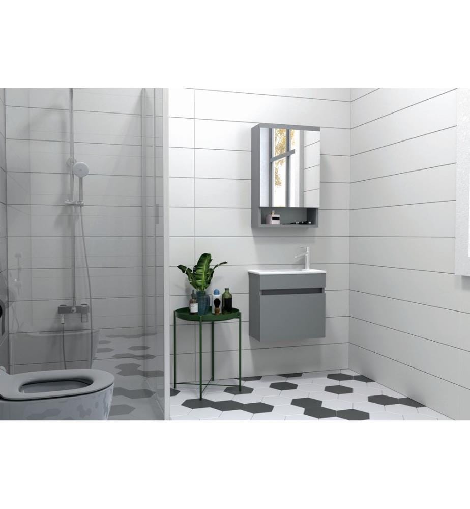 Ensemble meuble de salle de bain avec lavabo et miroir 2 pièces gris mat panneau de particules 100 % recouvert de PVC