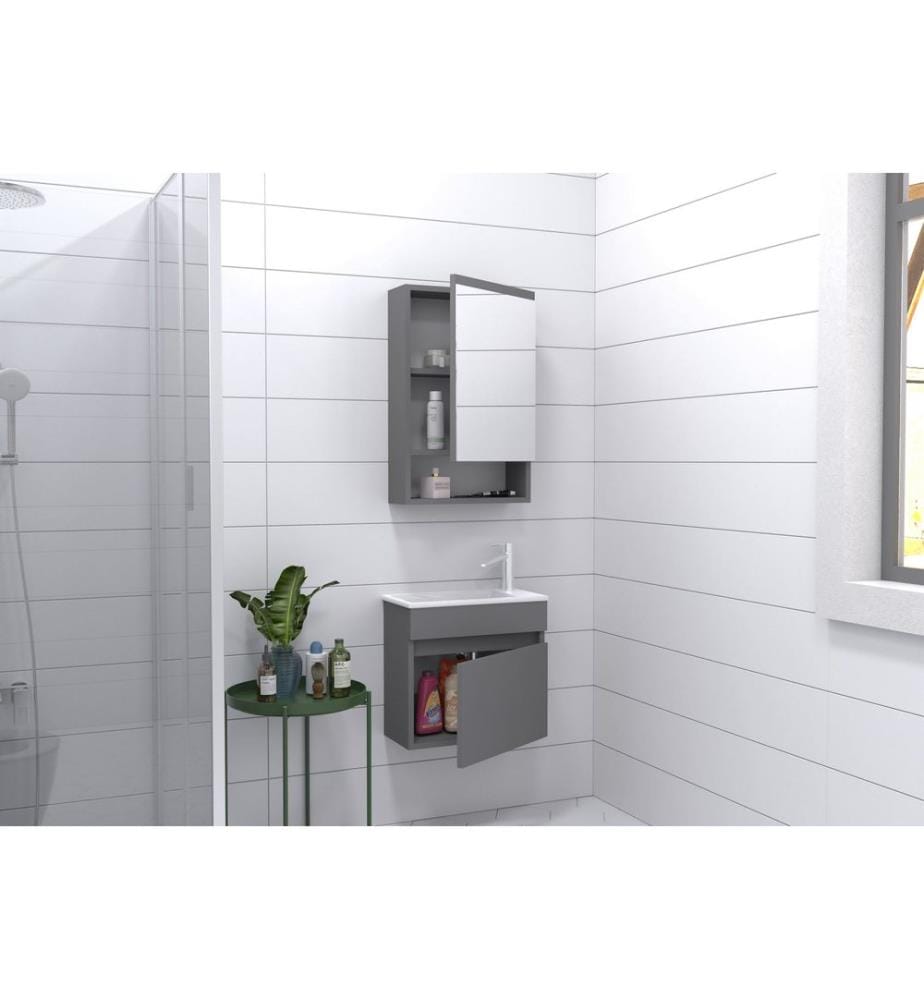 Ensemble meuble de salle de bain avec lavabo et miroir 2 pièces gris mat panneau de particules 100 % recouvert de PVC