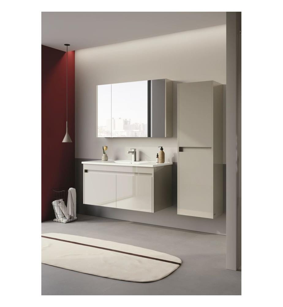 Meuble de salle de bain avec miroir coloris cachemire MDF PET 100 % brillant