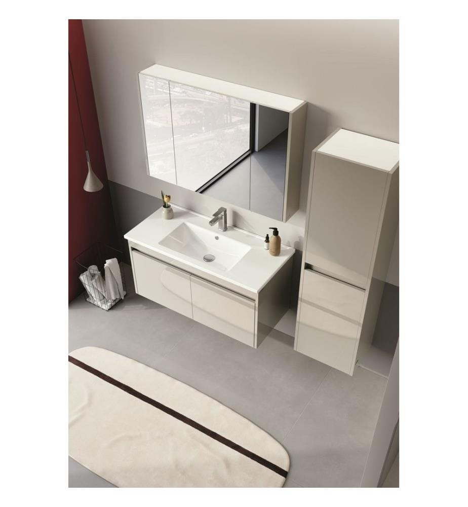 Meuble de salle de bain avec miroir coloris cachemire MDF PET 100 % brillant