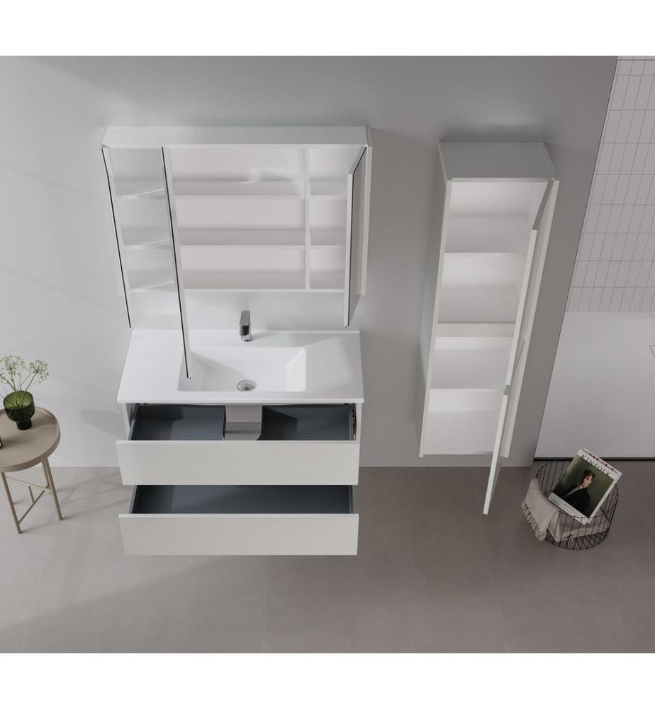 Meuble de salle de bain avec miroir coloris cachemire MDF PET 100 % brillant