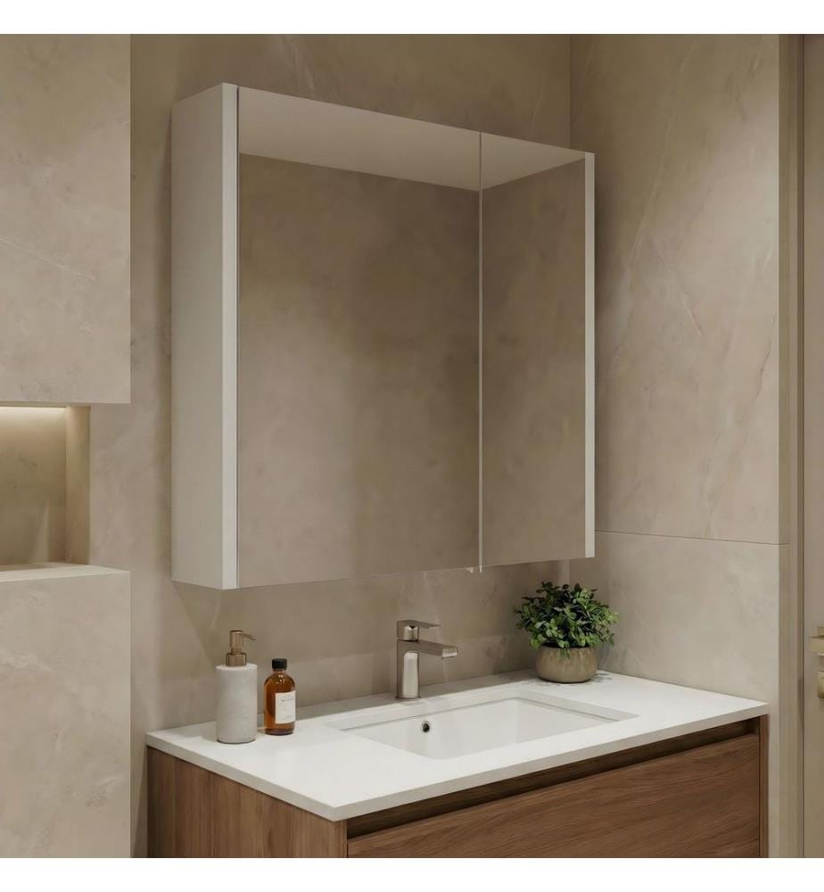 Meuble de salle de bain avec miroir blanc MDF PET 100 % brillant