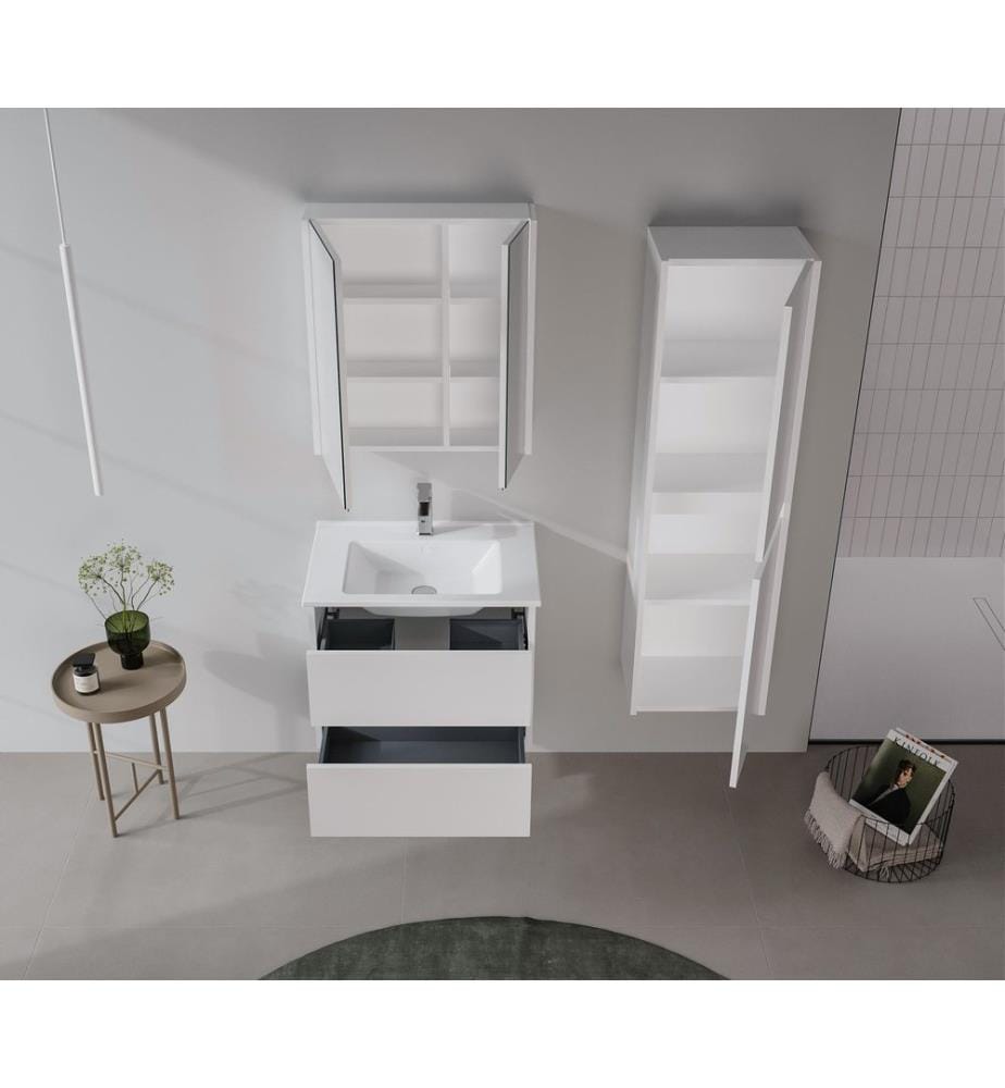 Meuble de salle de bain avec miroir blanc MDF PET 100 % brillant