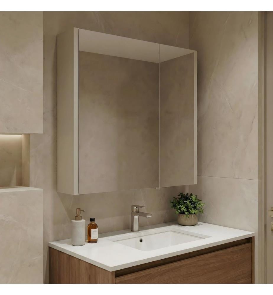 Meuble de salle de bain avec miroir coloris cachemire MDF PET 100 % brillant