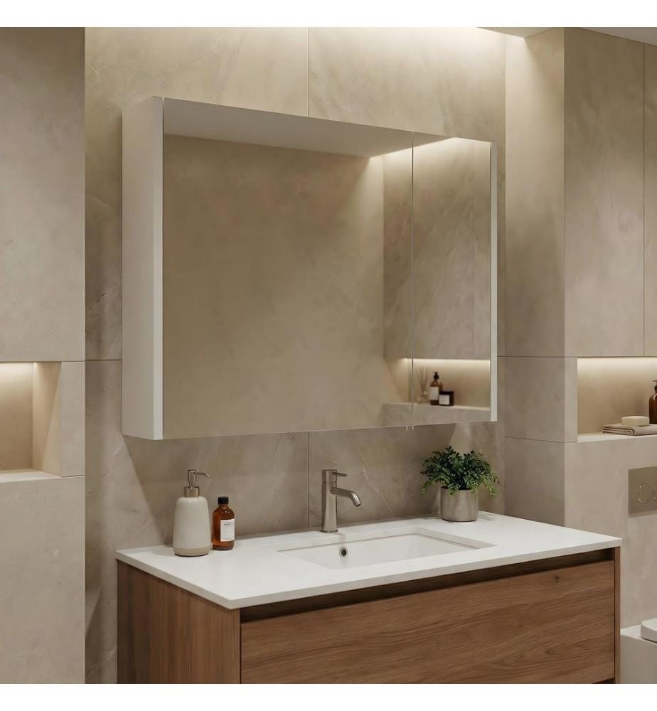 Meuble de salle de bain avec miroir blanc MDF PET 100 % brillant