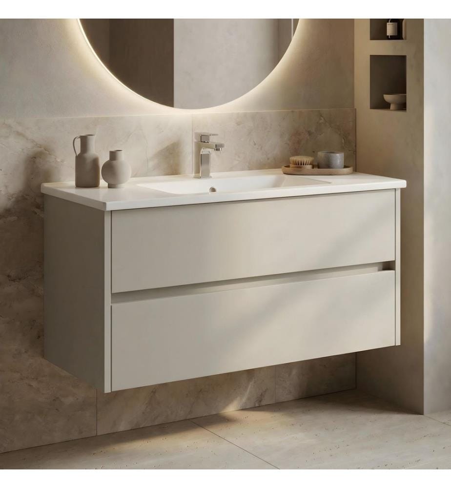 Meuble de salle de bain avec lavabo coloris cachemire MDF 100 % PET brillant