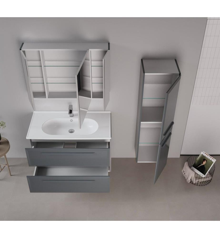 Meuble de salle de bain avec miroir anthracite MDF laqué brillant 100 %