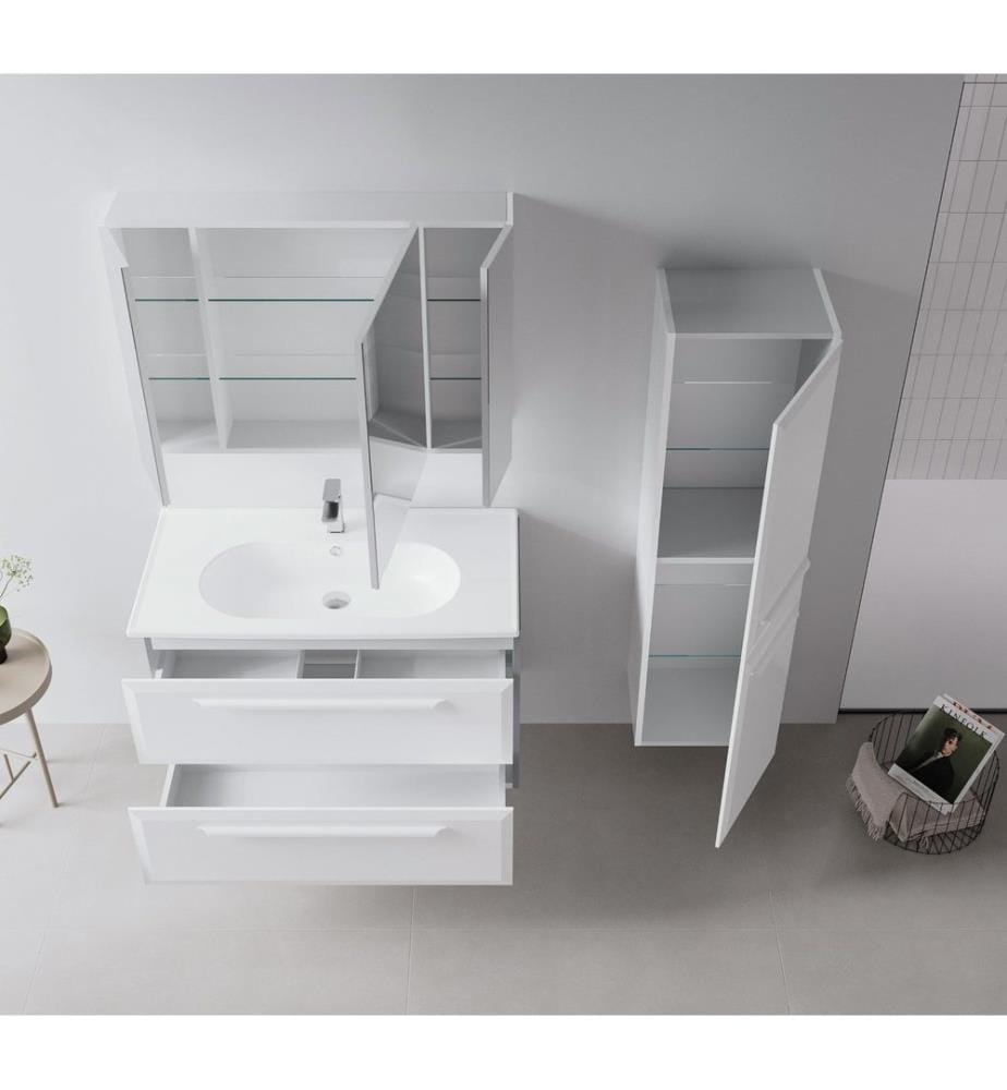 Meuble de salle de bain avec miroir blanc MDF laqué brillant.