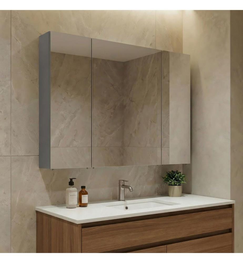 Meuble de salle de bain avec miroir gris MDF laqué brillant.