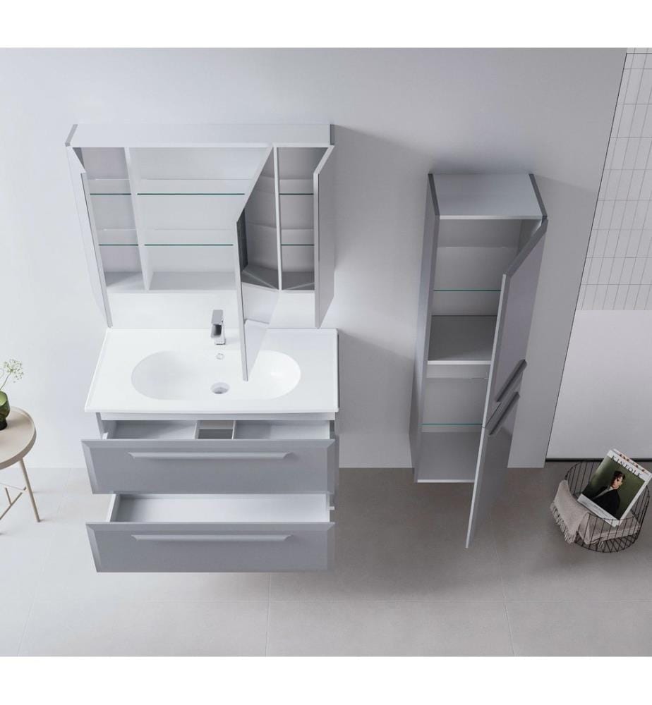Meuble de salle de bain avec miroir gris MDF laqué brillant.