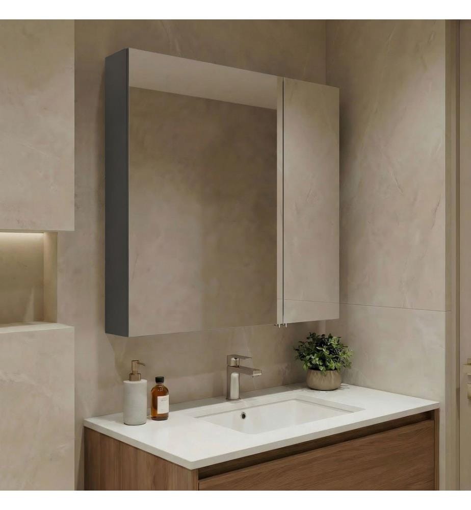Badezimmerschrank mit Spiegel Anthrazit 100 % hochglanzlackiertes MDF