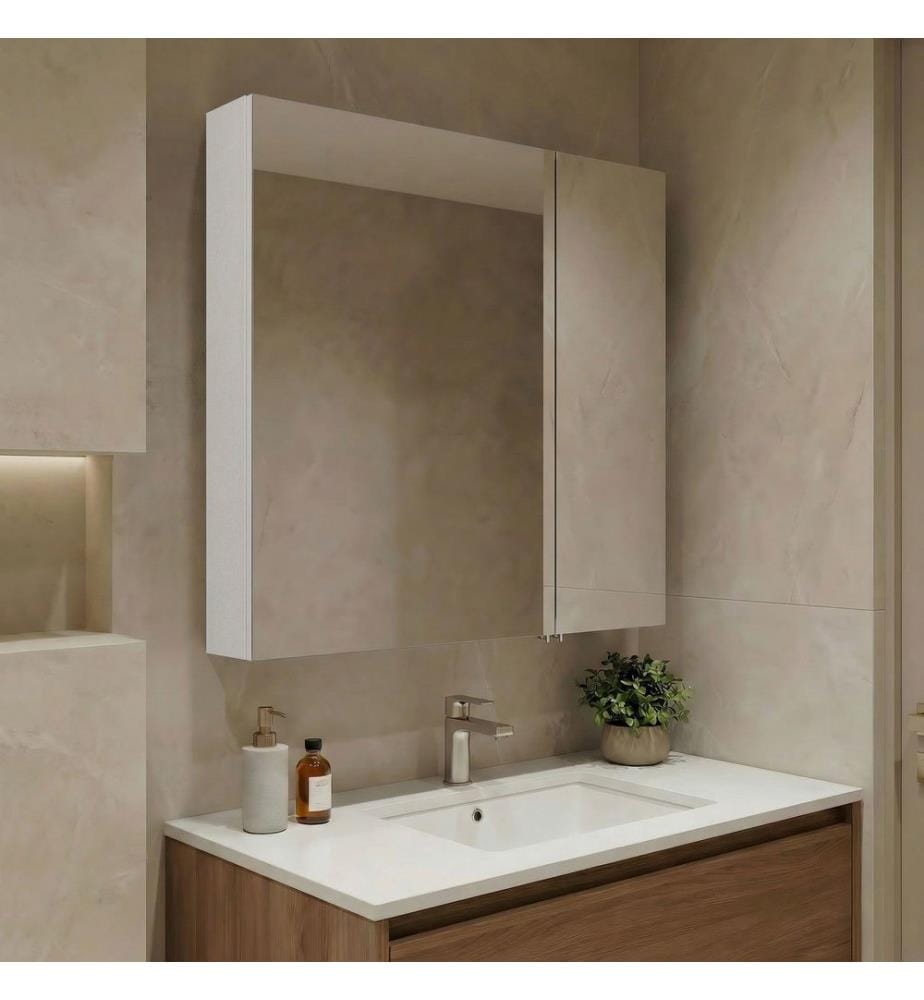Meuble de salle de bain avec miroir blanc MDF laqué brillant.