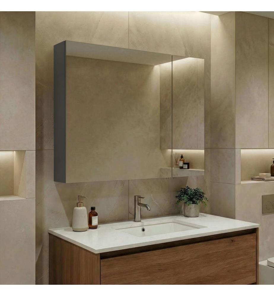 Meuble de salle de bain avec miroir anthracite MDF laqué brillant 100 %