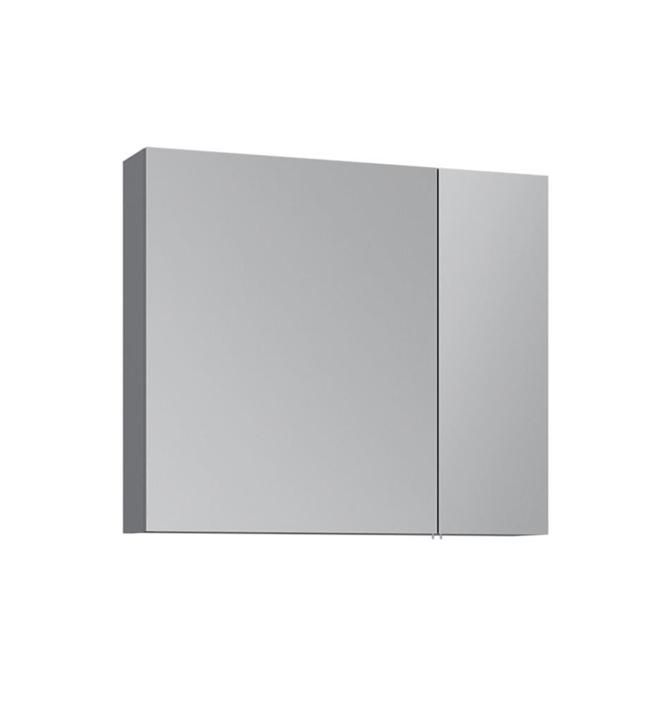 Meuble de salle de bain avec miroir gris MDF laqué brillant.
