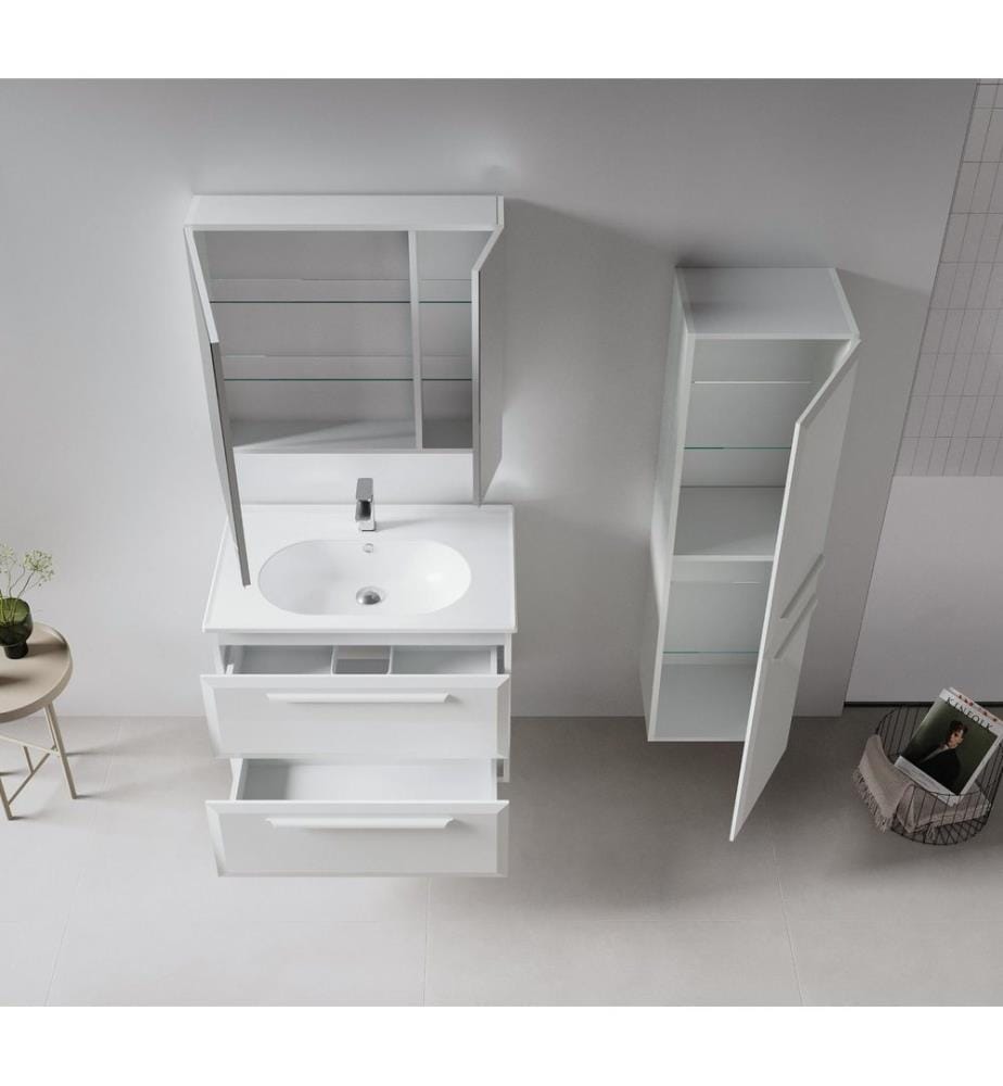 Meuble de salle de bain avec miroir coloris cachemire MDF laqué brillant 100 %