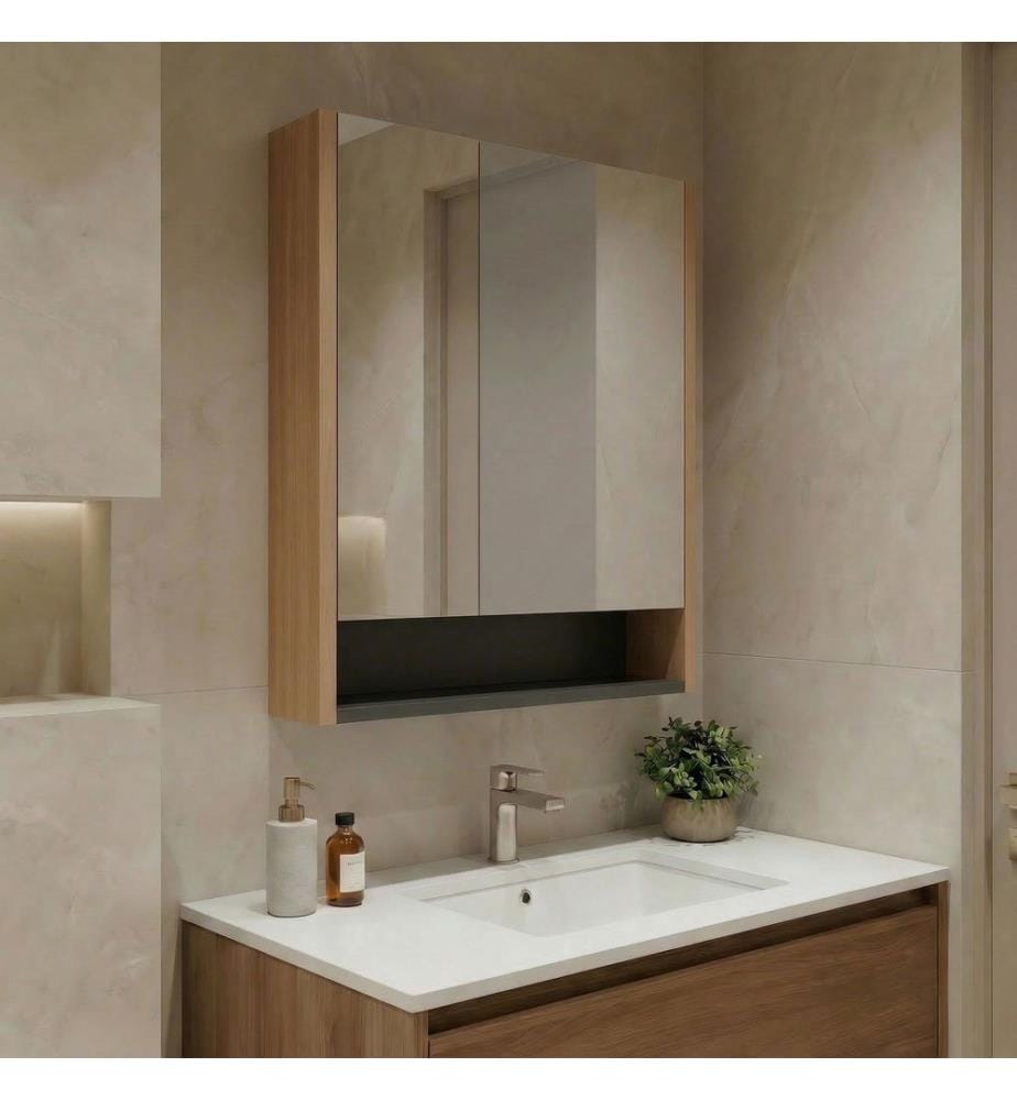 Meuble de salle de bain avec miroir noyer panneau de particules 100% recouvert de mélamine