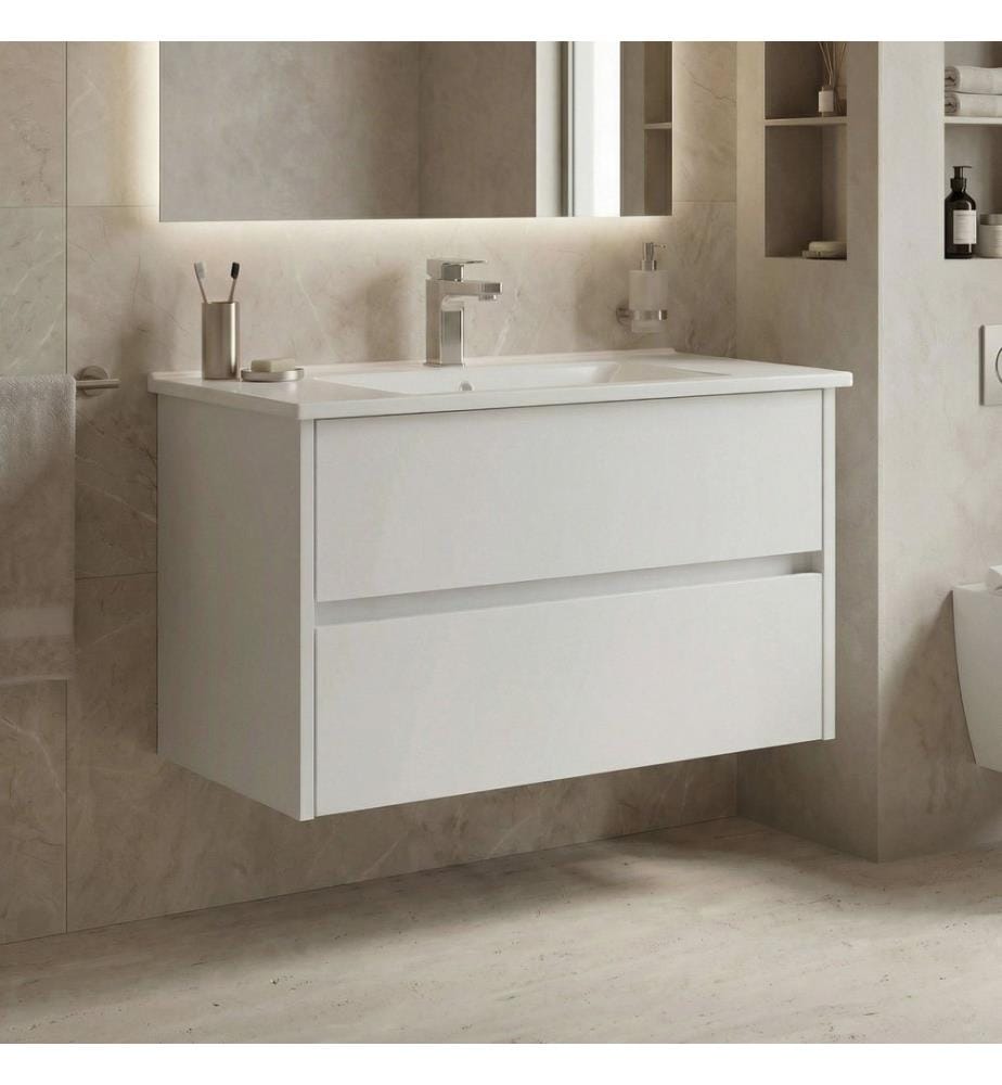 Badezimmerschrank mit Waschbecken mattweiss 100 % melaminbeschichtete MDF-Platte