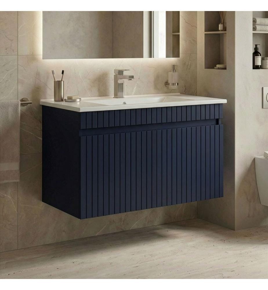Badezimmerschrank mit Waschbecken mattes Marineblau 100 % thermisch beschichtetes MDF