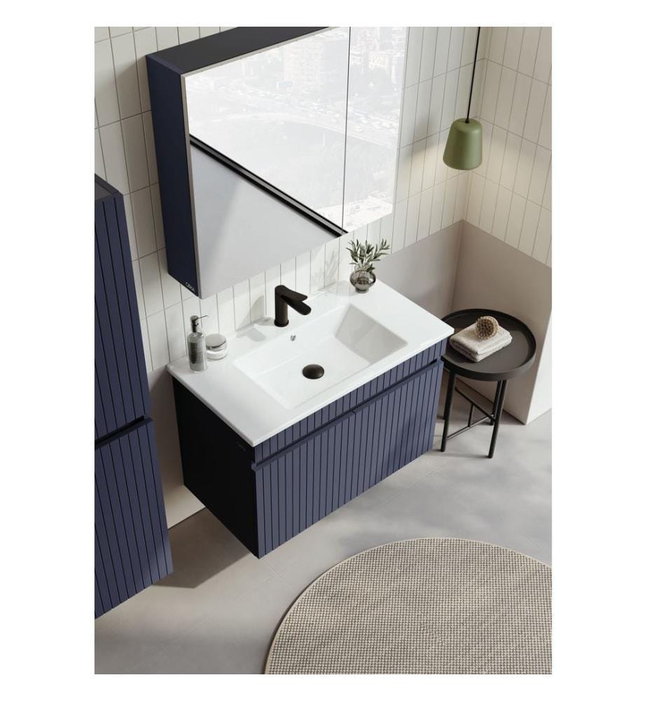 Badezimmerschrank mit Waschbecken mattes Marineblau 100 % thermisch beschichtetes MDF