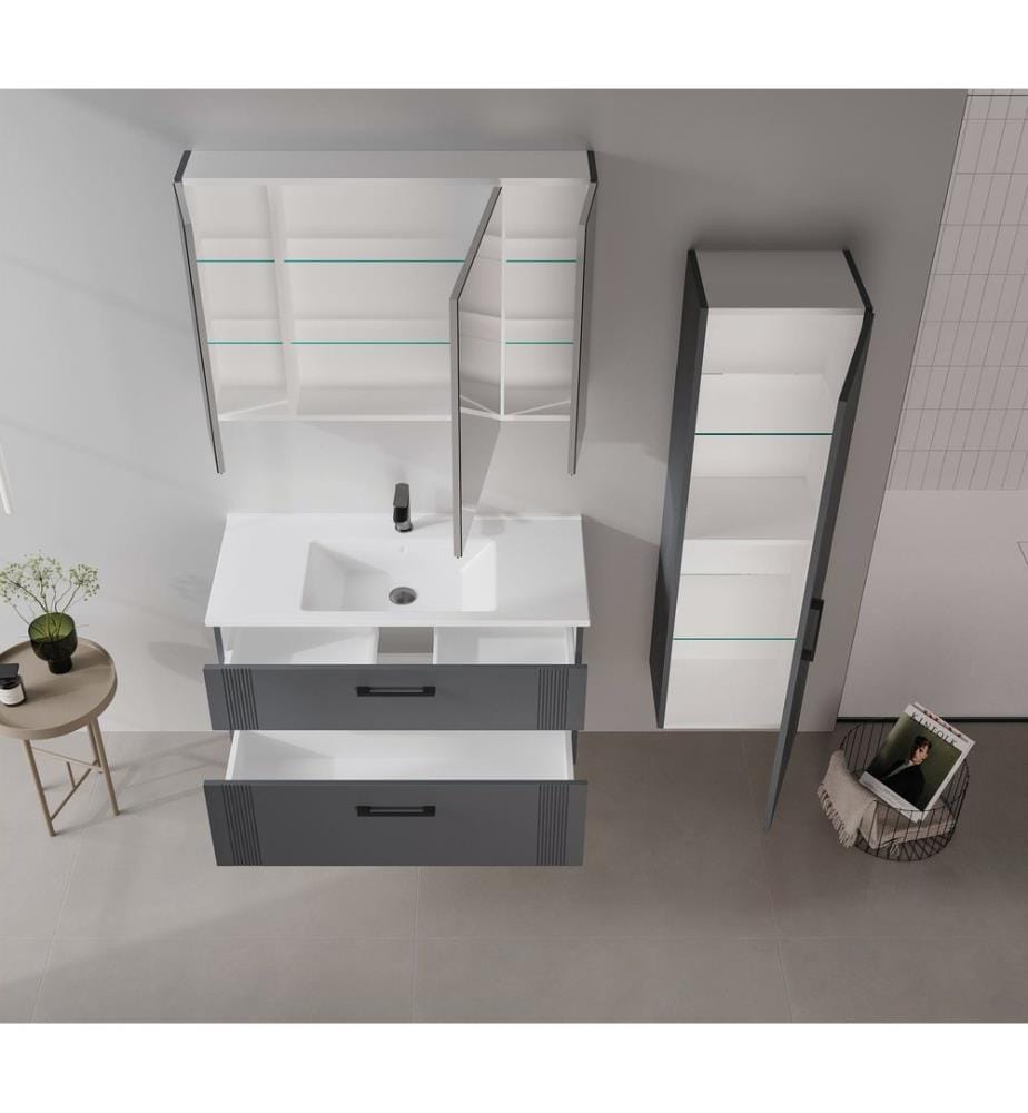 Meuble de salle de bain avec miroir anthracite mat MDF 100 % revêtu THERMOLD