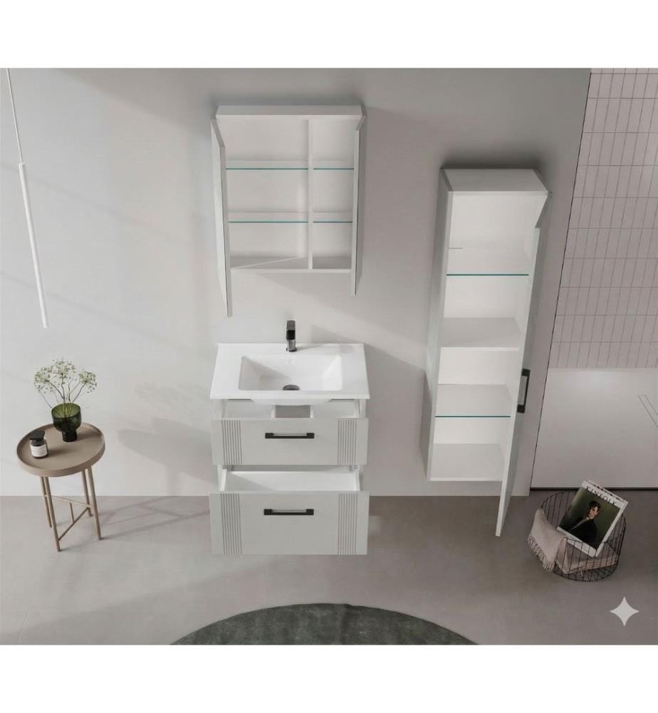 Meuble de salle de bain avec miroir coloris cachemire mat MDF 100 % thermomoulé