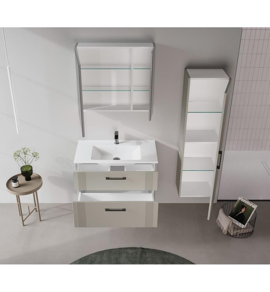Meuble de salle de bain avec miroir coloris cachemire mat MDF 100 % thermomoulé