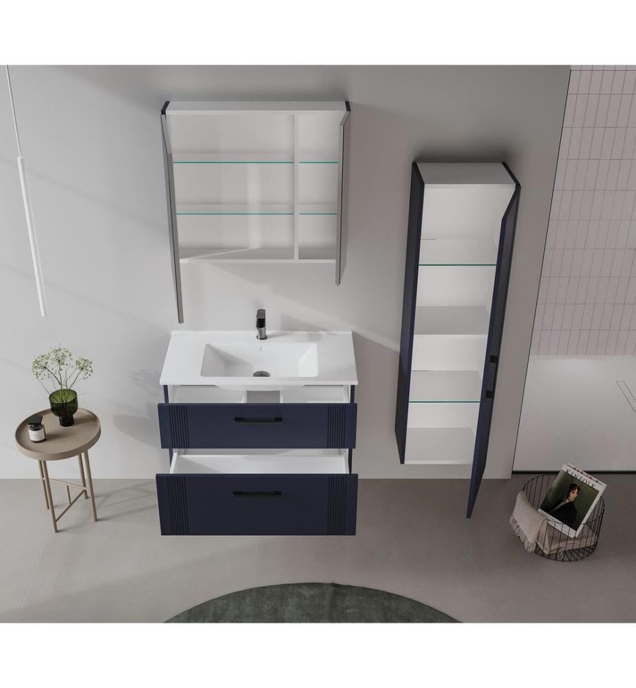 Meuble de salle de bain avec miroir bleu marine mat 100 % MDF revêtu de thermomoulage