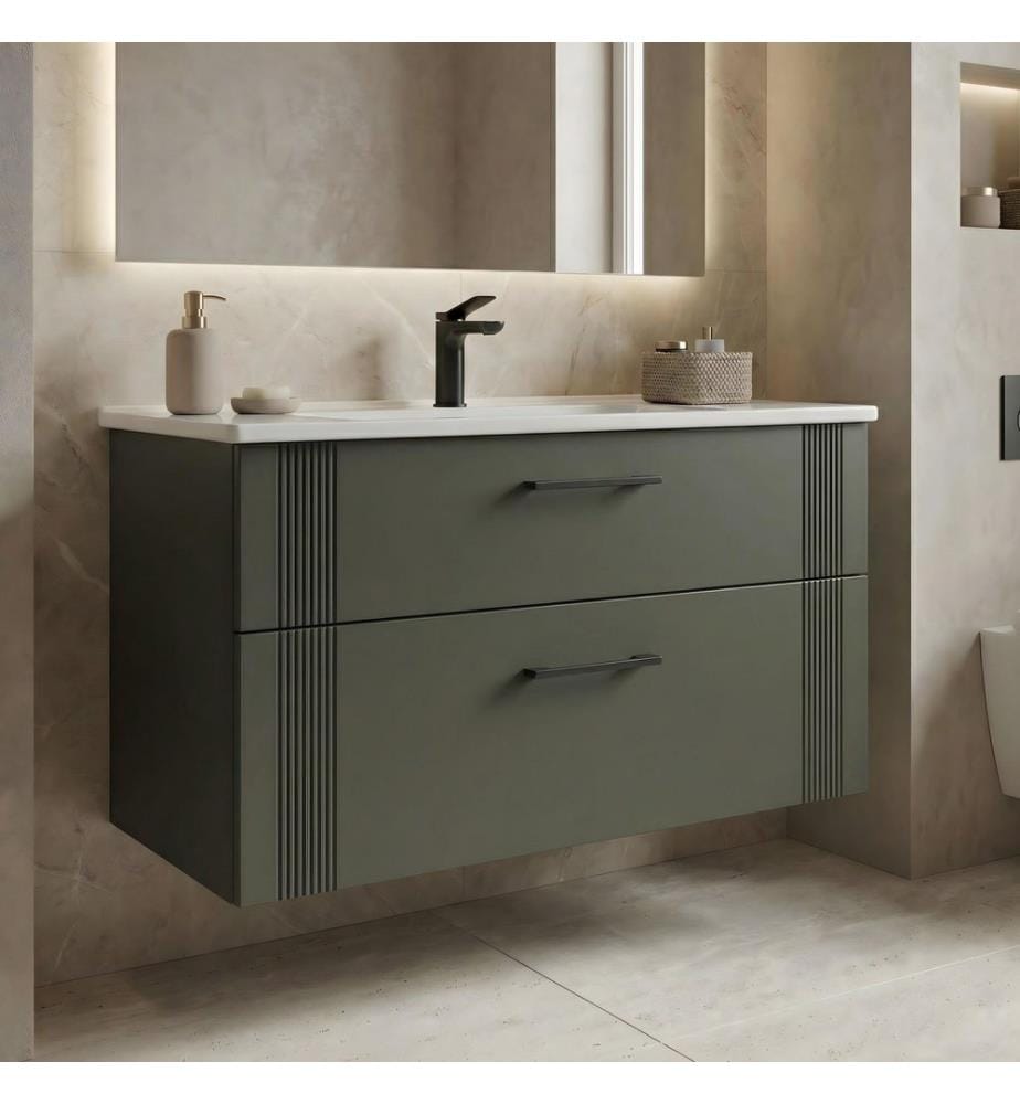 Meuble de salle de bain avec lavabo vert mat MDF 100 % revêtu de thermomoulage