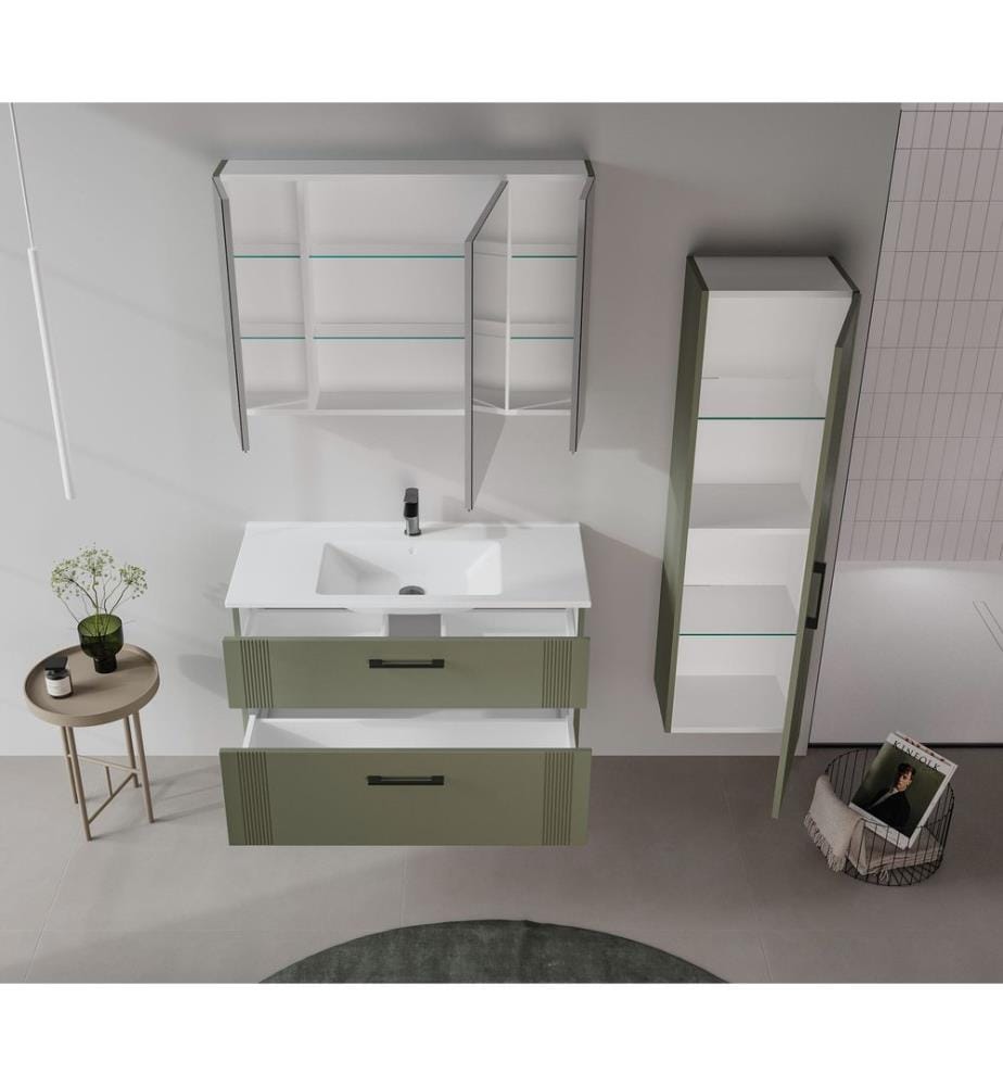 Meuble de salle de bain avec lavabo vert mat MDF 100 % revêtu de thermomoulage