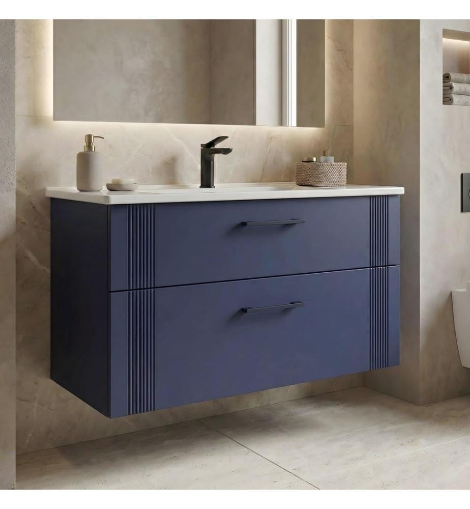 Badezimmerschrank mit Waschbecken mattes Marineblau 100 % thermisch beschichtetes MDF