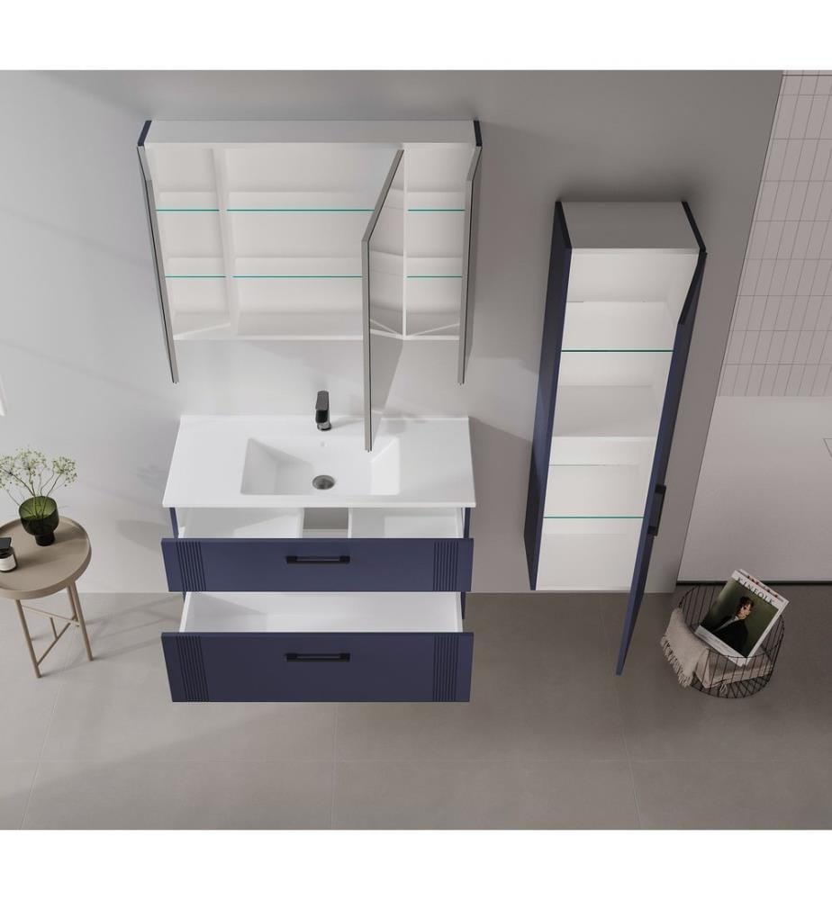 Badezimmerschrank mit Waschbecken mattes Marineblau 100 % thermisch beschichtetes MDF