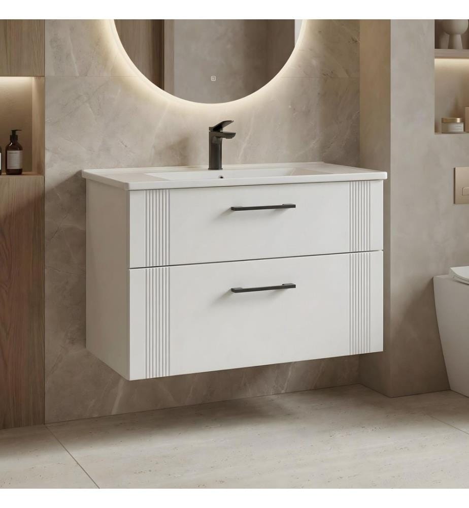 Meuble de salle de bain avec lavabo blanc mat MDF 100 % revêtu de thermomoulage
